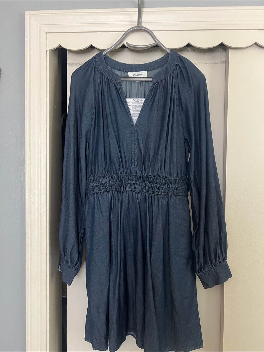 Madewell Indigo V-Neck Smocked Waist Long Sleeve Dress